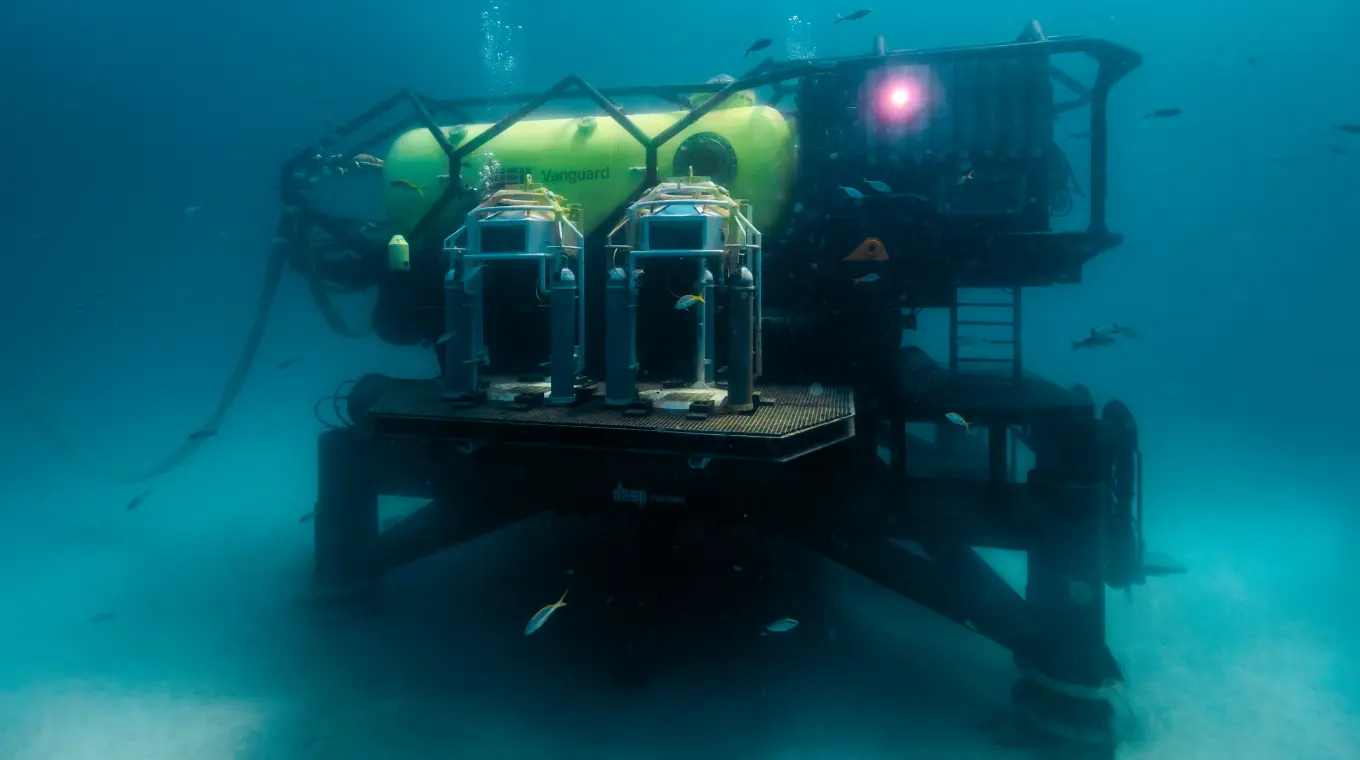 DEEP Vanguard subsea habitat resting on its foundation, deployed 17 metres deep at Tennessee Reef
