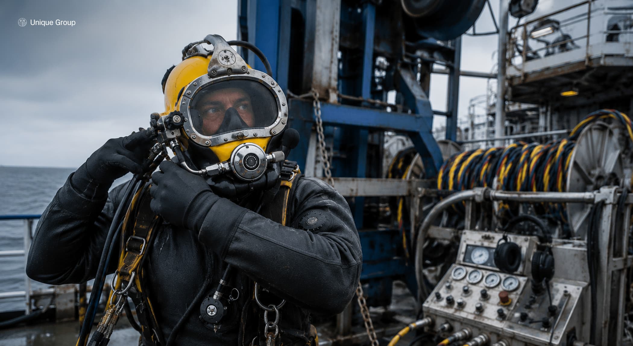 Commercial diver adjusting full-face diving helmet with integrated communication microphone on offshore vessel deck, with control panel and headset visible in background