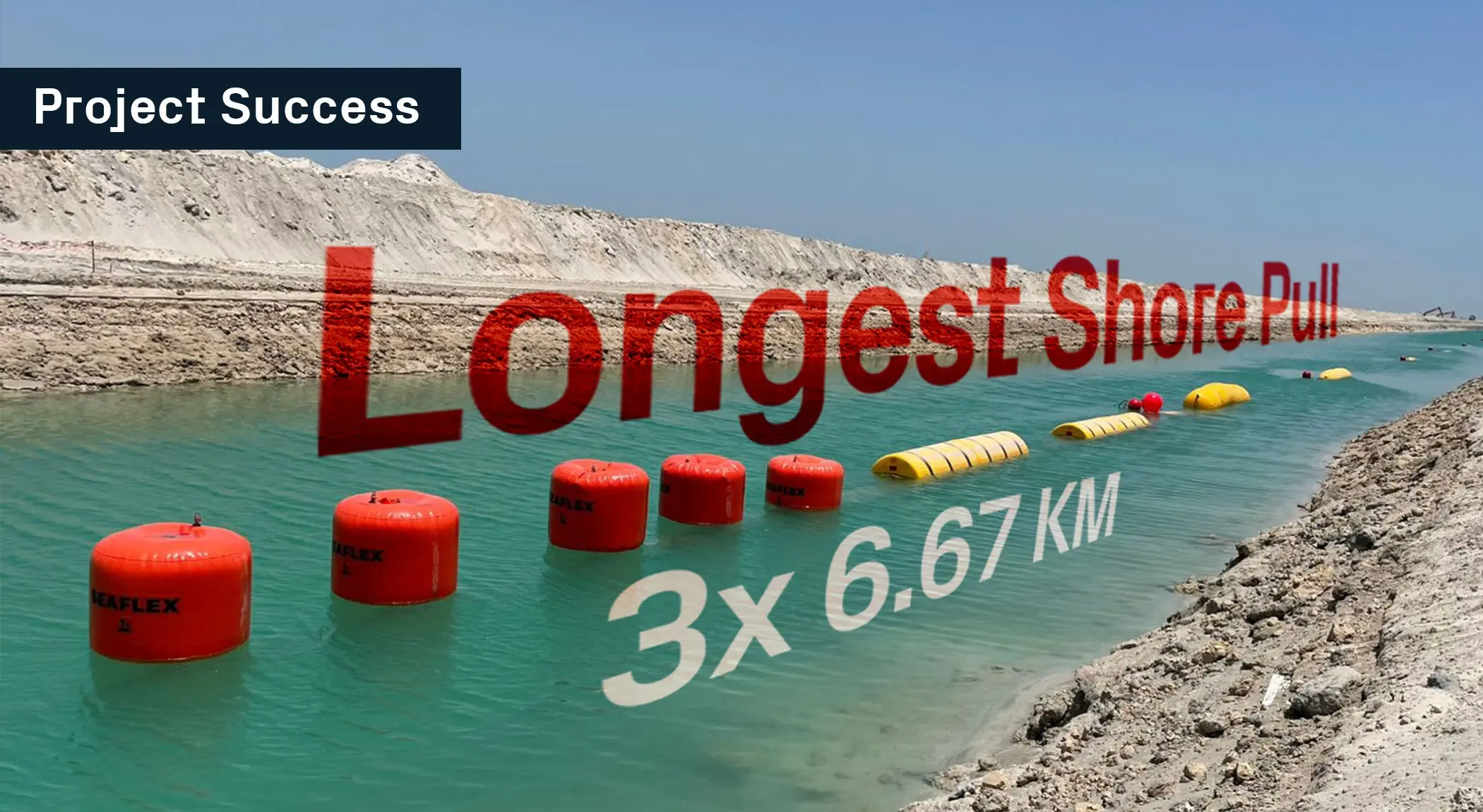 Seaflex buoyancy units deployed in nearshore trench during long-distance shore pull operation for offshore pipeline installation