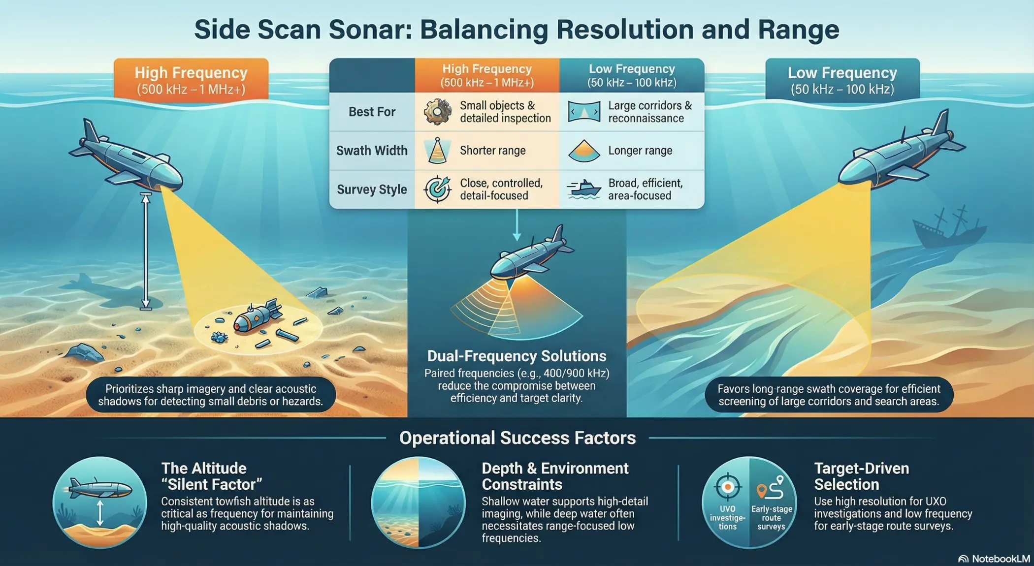 Side scan sonar frequency vs resolution comparison showing high vs low frequency, swath width, range, and imaging detail