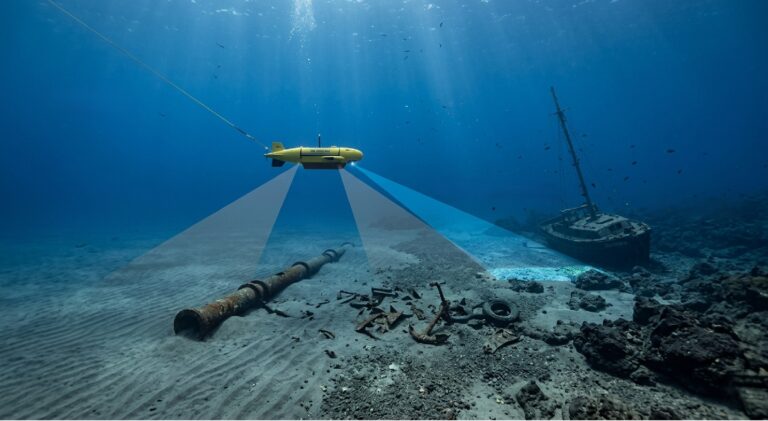 Side scan sonar towfish scanning seabed with shipwreck, pipeline and debris for offshore geophysical survey mapping