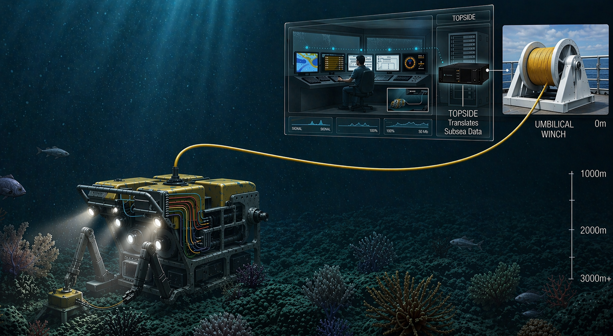 Fibre optic multiplexer (MUX) system transmitting subsea data from ROV to topside via single fibre optic cable