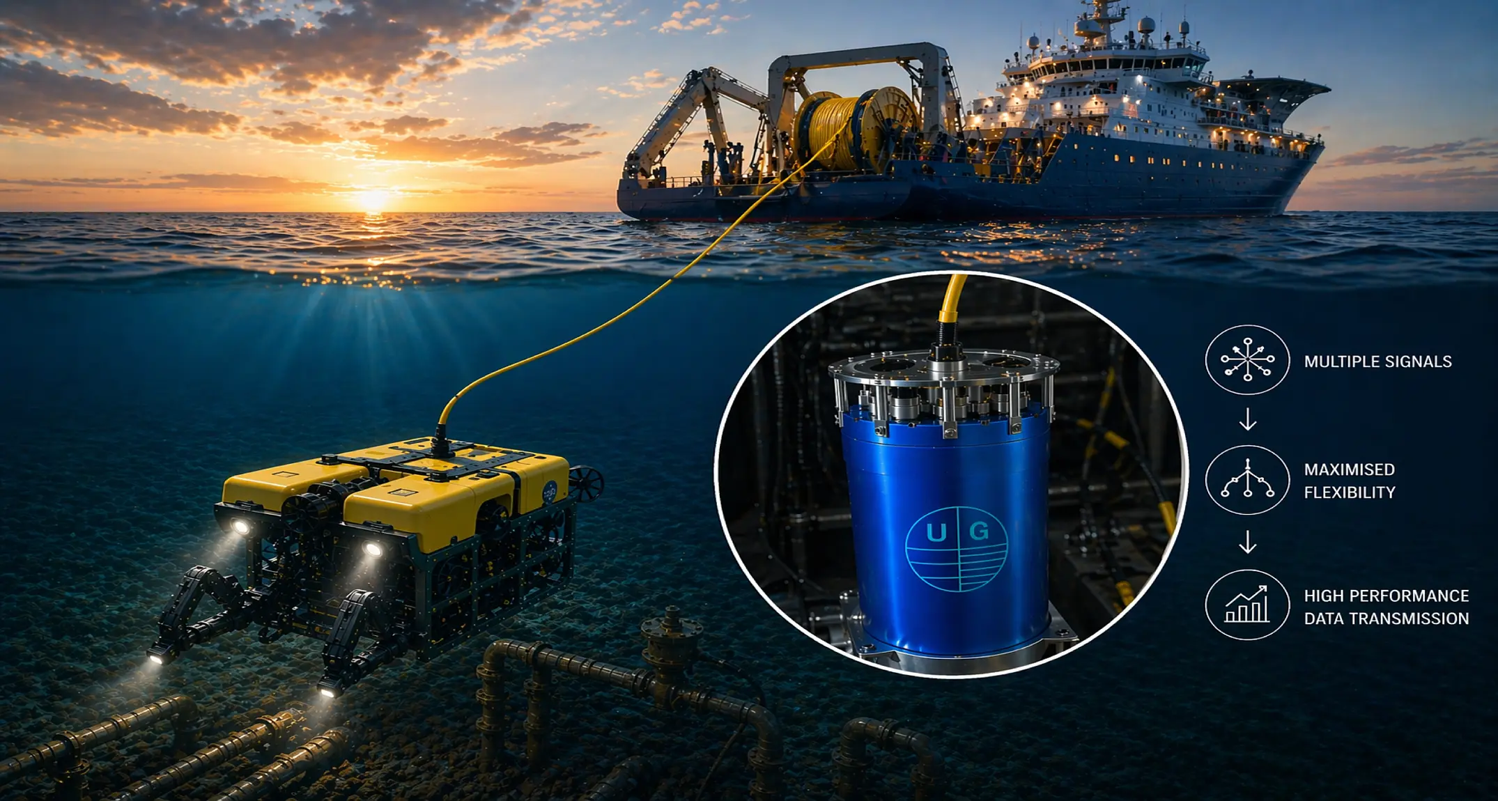 Fibre optic multiplexer (MUX) integrated in ROV transmitting multiple subsea signals to offshore vessel via fibre optic cable