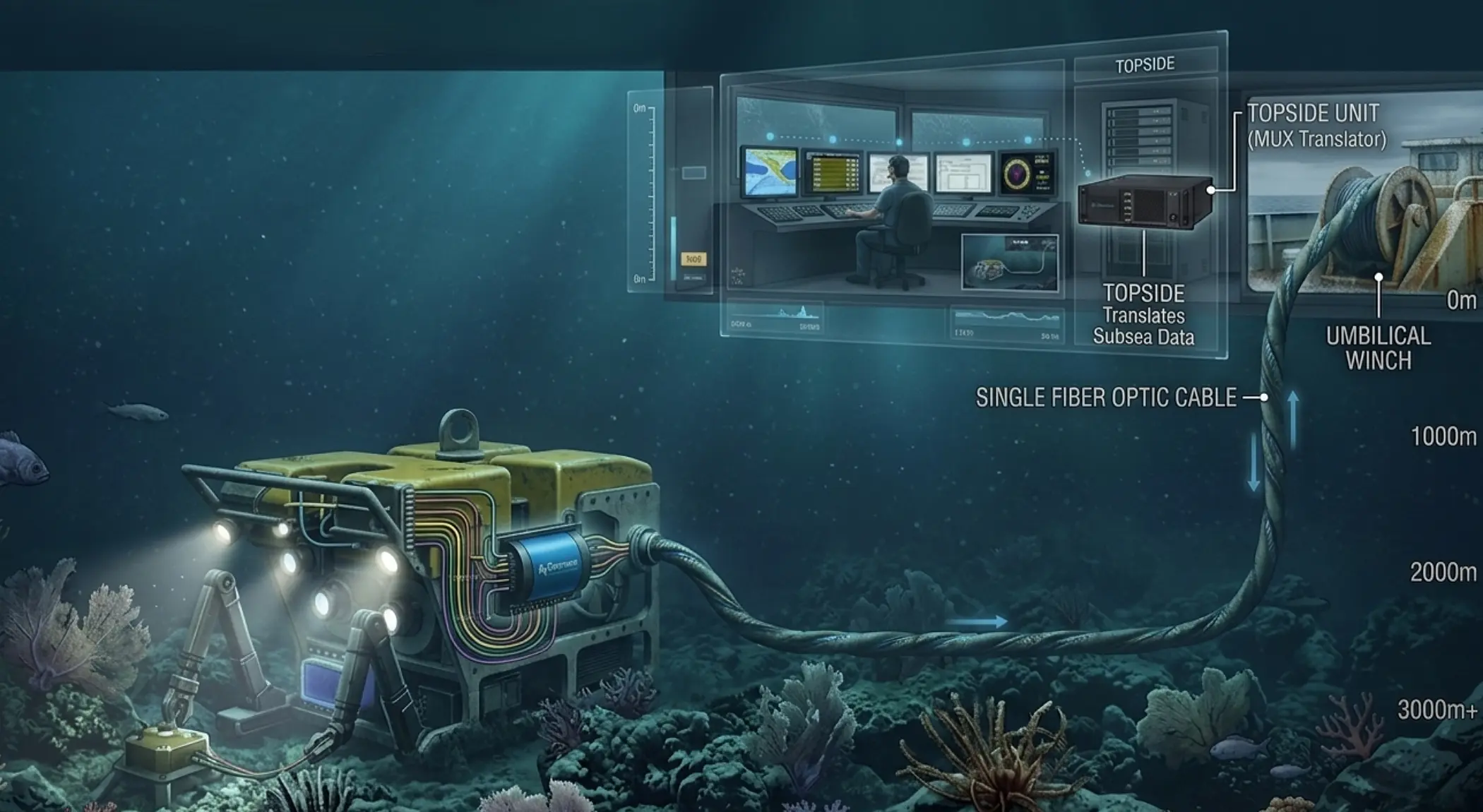 Fibre optic multiplexer (MUX) system transmitting subsea data from ROV to topside via single fibre optic cable