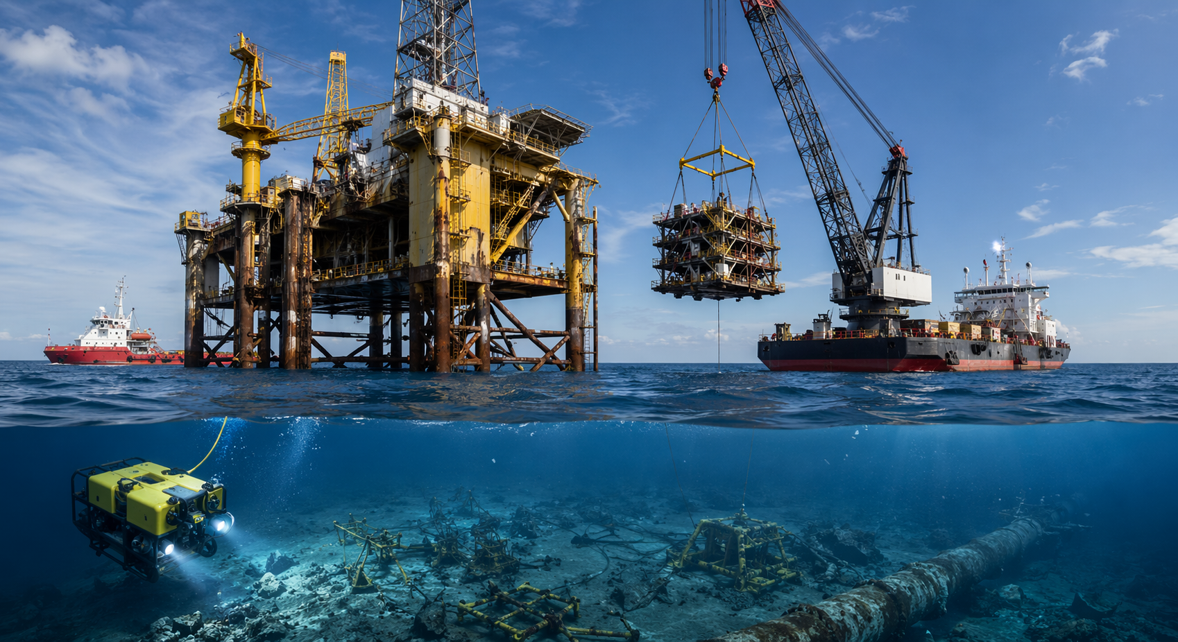 Offshore decommissioning operation showing platform removal, crane lifting topside, and ROV inspecting subsea infrastructure