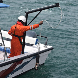 Marine research deployment of oceanographic sensor from vessel for data collection