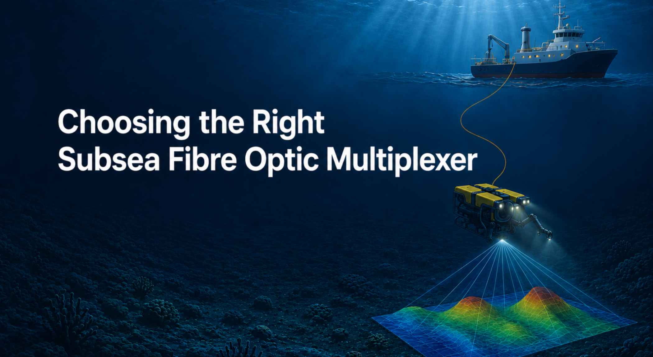ROV scanning the seabed connected to an offshore vessel using a subsea fibre optic multiplexer system