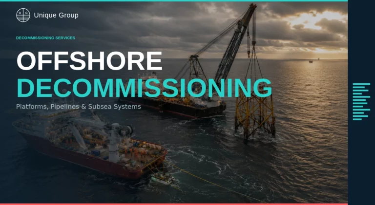 Offshore decommissioning services for platforms, pipelines and subsea systems using heavy-lift vessels and offshore support equipment.