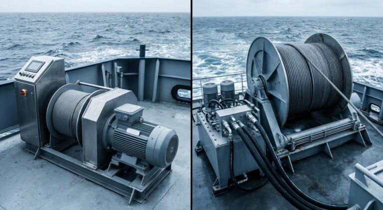 Electric winch and hydraulic winch on offshore vessel decks at sea