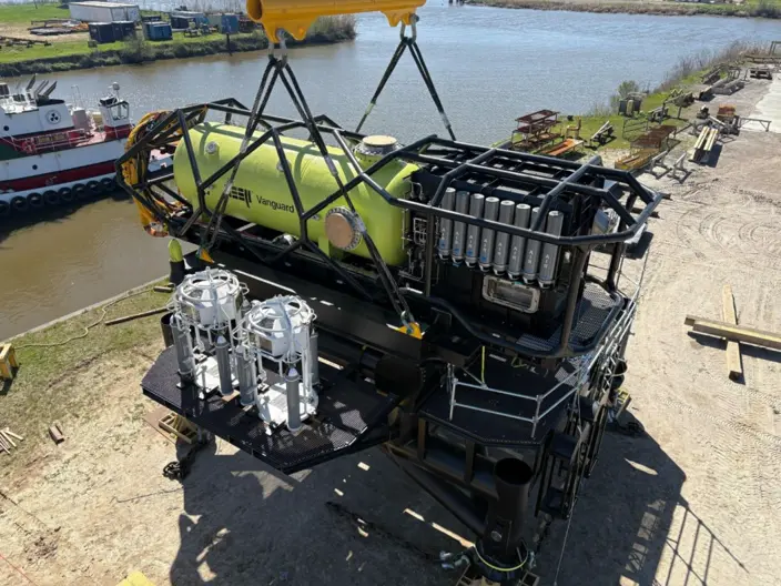 Vanguard subsea habitat loaded out at the Louisiana fabrication yard ready for transport to Tennessee Reef