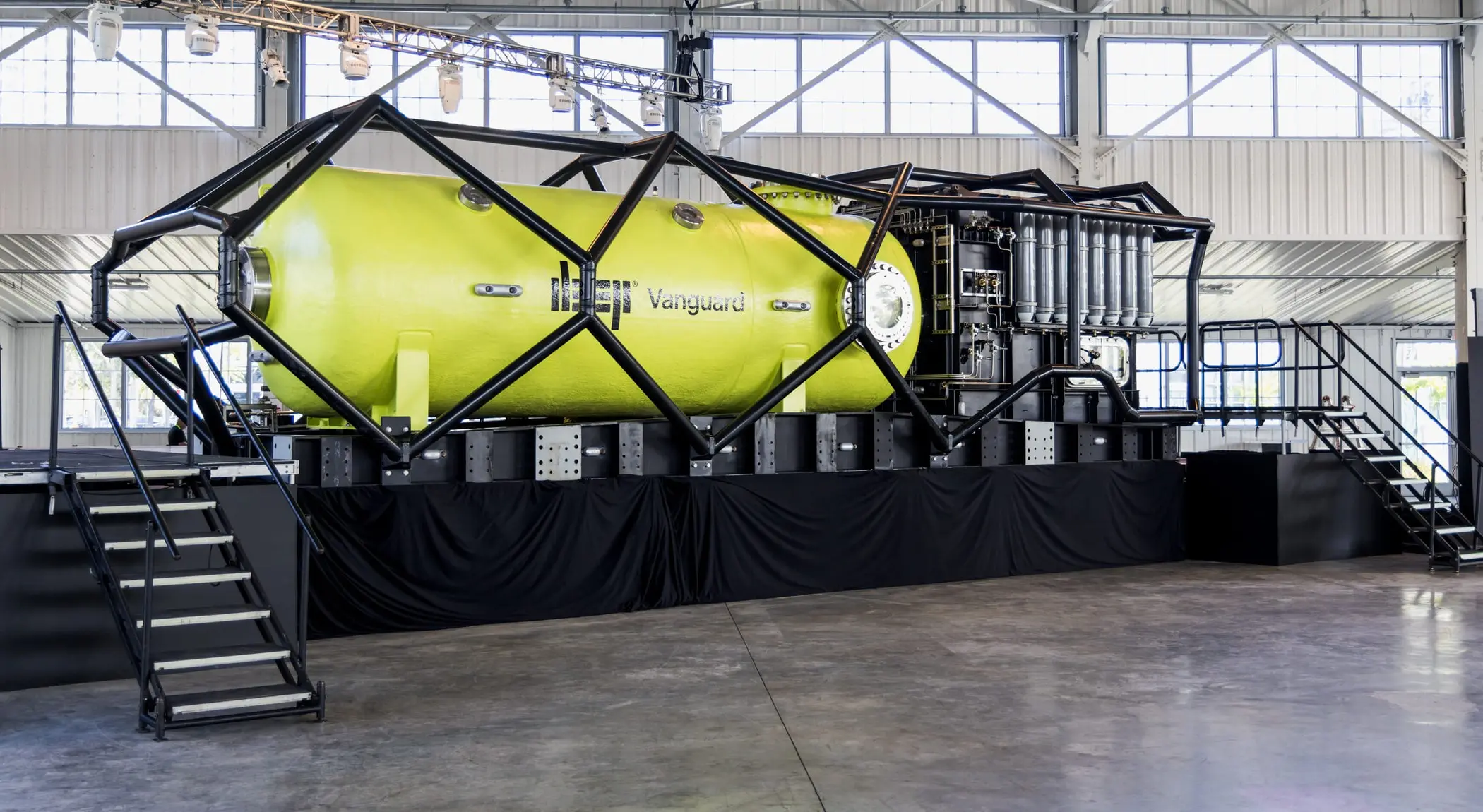 DEEP Vanguard subsea habitat unveiled in Miami, showing the pressure vessel and exoskeleton frame