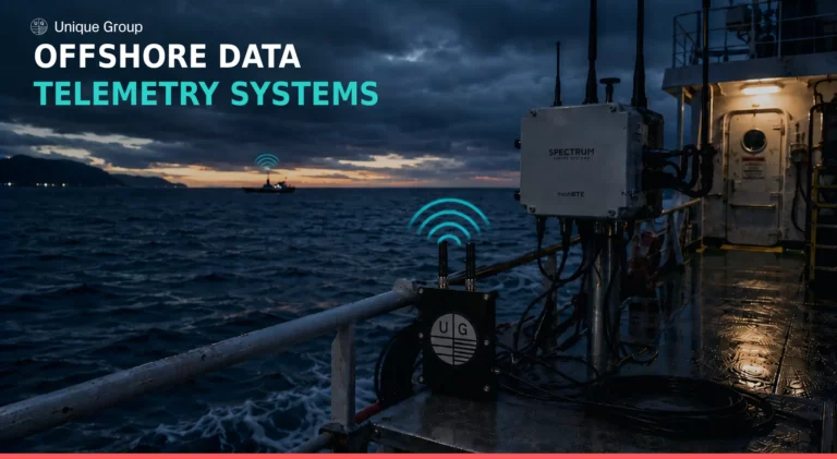 Unique Group Uni-Mesh XR mesh radio unit on a survey vessel deck at dusk, transmitting a long-range signal to a distant vessel, offshore data telemetry system comparison