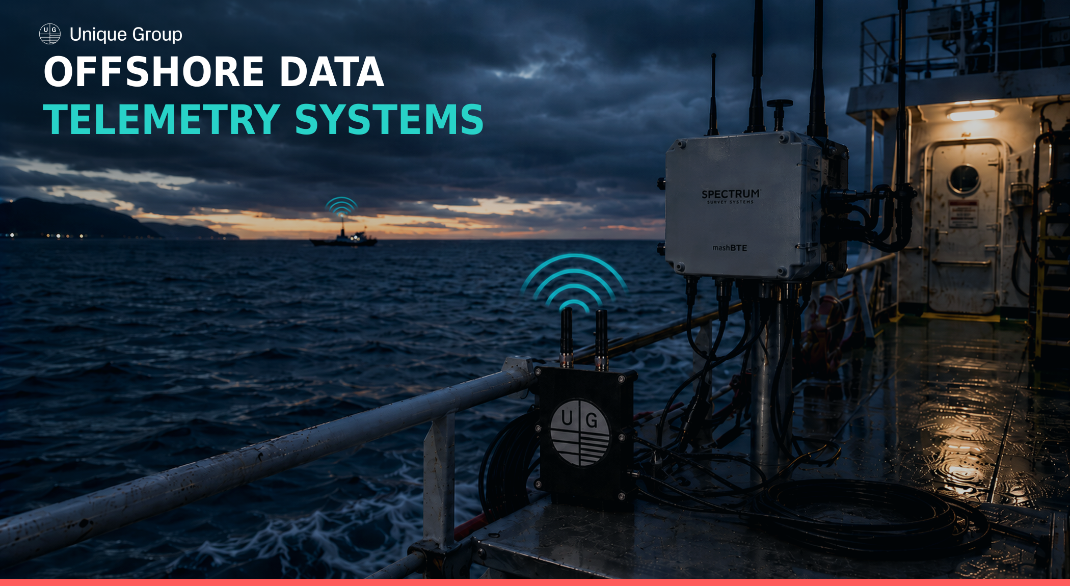 Unique Group Uni-Mesh XR mesh radio unit on a survey vessel deck at dusk, transmitting a long-range signal to a distant vessel, offshore data telemetry system comparison