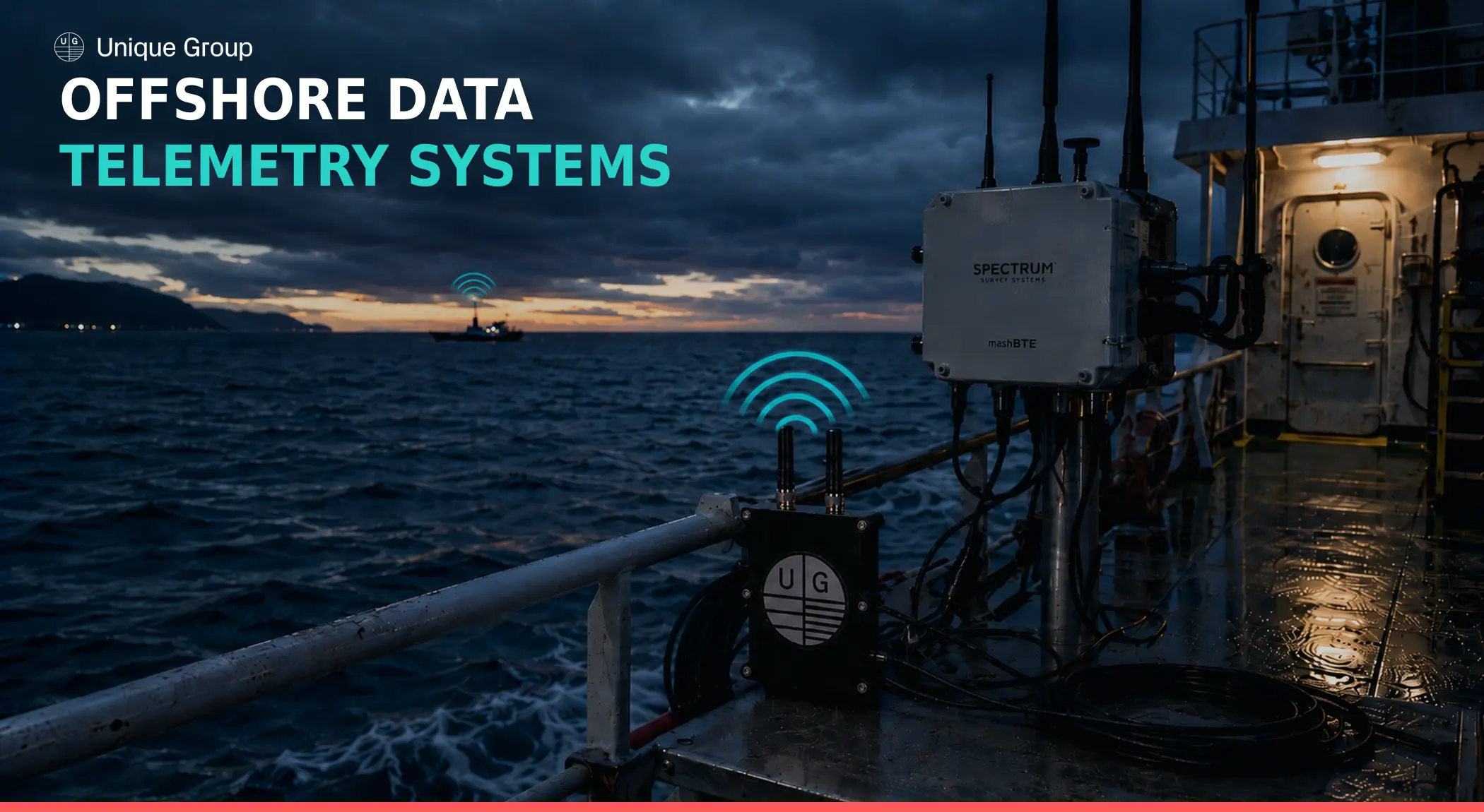 Unique Group Uni-Mesh XR mesh radio unit on a survey vessel deck at dusk, transmitting a long-range signal to a distant vessel, offshore data telemetry system comparison