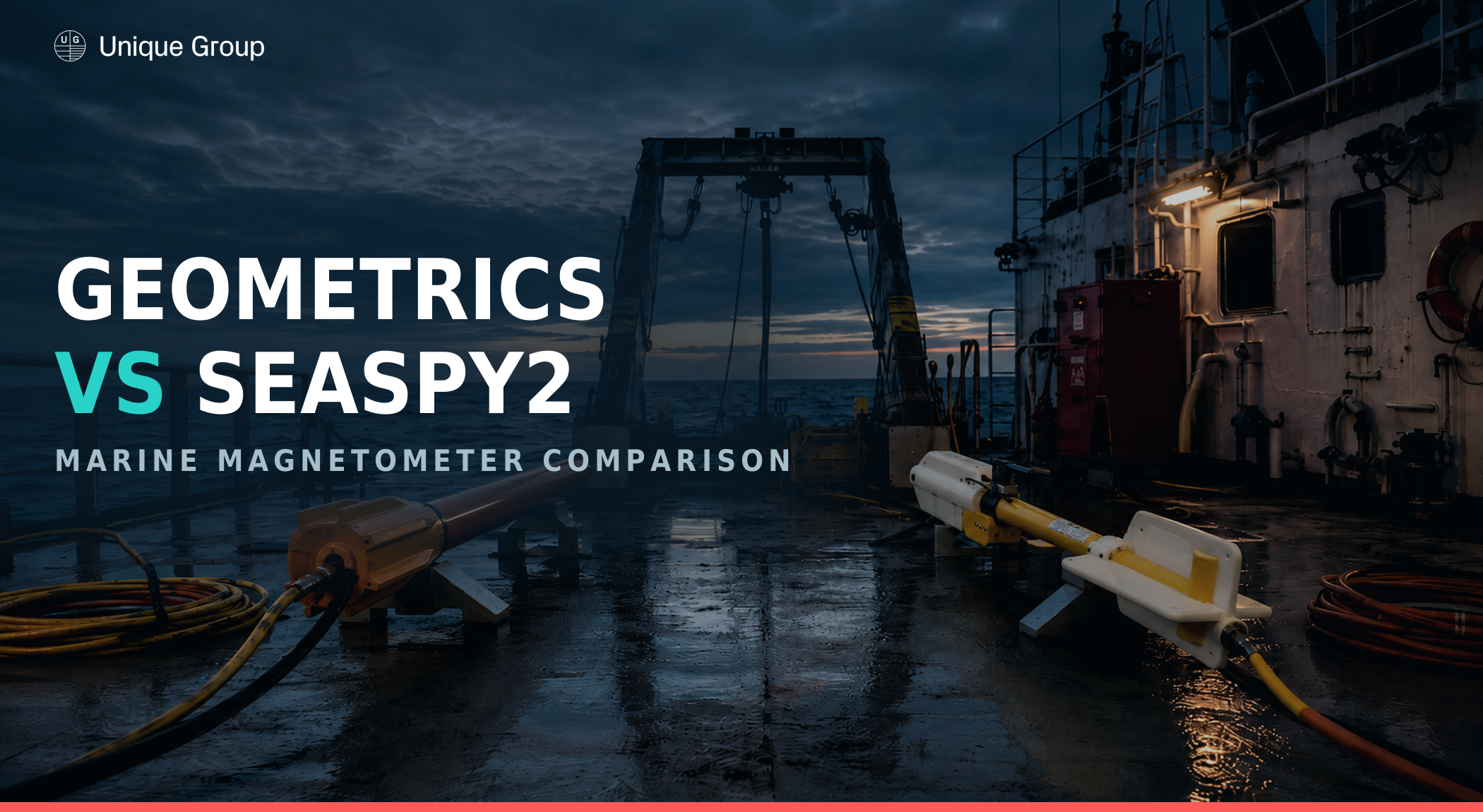 Geometrics G-882 and SeaSPY2 marine magnetometer towfish on a survey vessel deck at dusk, offshore comparison