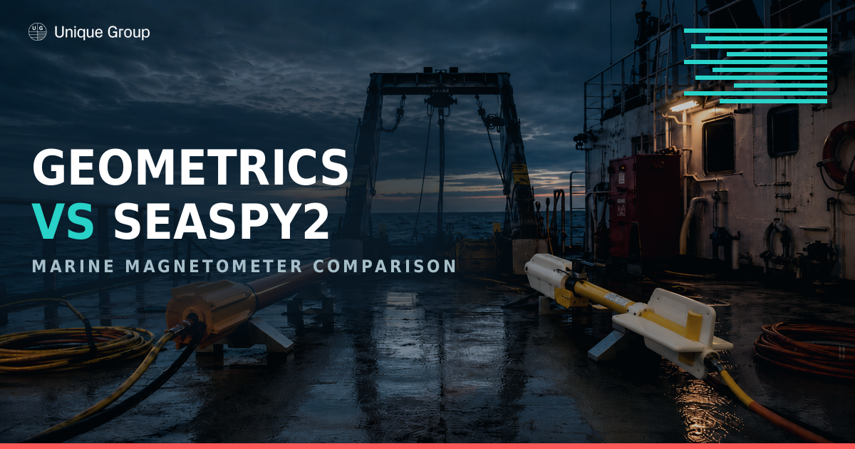Geometrics G-882 and SeaSPY2 marine magnetometer towfish on a survey vessel deck at dusk, offshore comparison