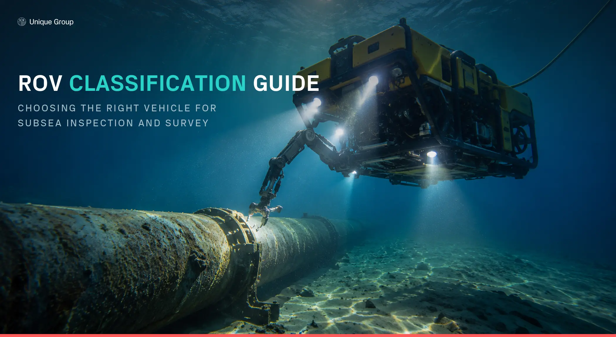 Work-class ROV using its manipulator arm to inspect a subsea pipeline, illustrating ROV classification from Unique Group