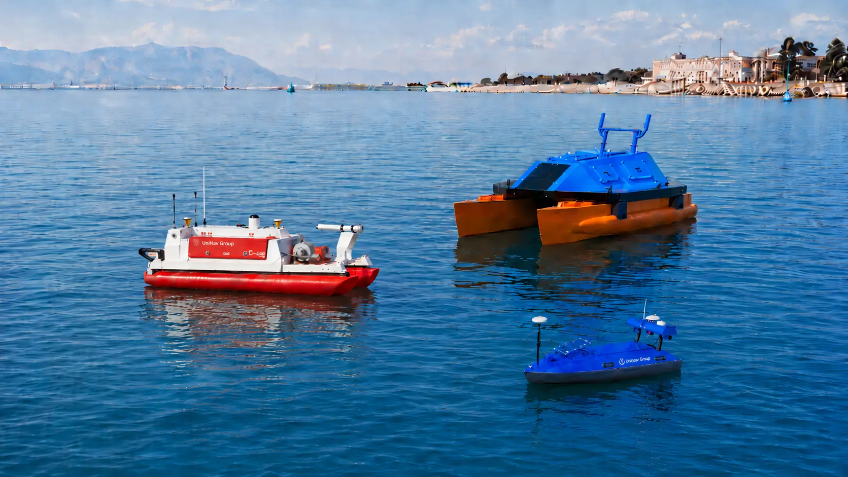 Unique Group Uni-Mini, Uni-Pact and Uni-Max unmanned surface vessels operating on calm coastal waters for hydrographic and geophysical survey applications.