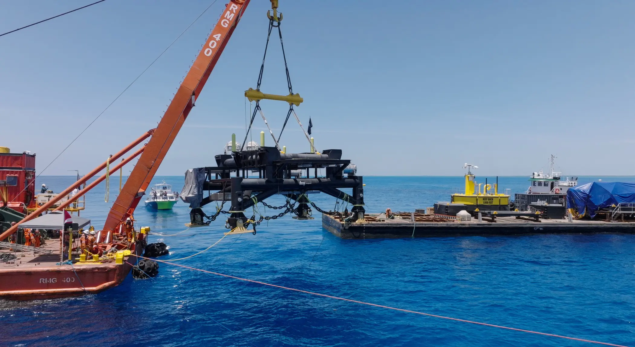 Vanguard foundation structure being lowered to the seabed by crane at Tennessee Reef, engineered by Unique Group