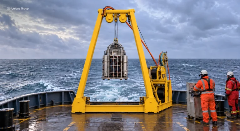 Diving bell suspended mid-launch from an A-frame diving bell handling system (DBHS) on an offshore support vessel