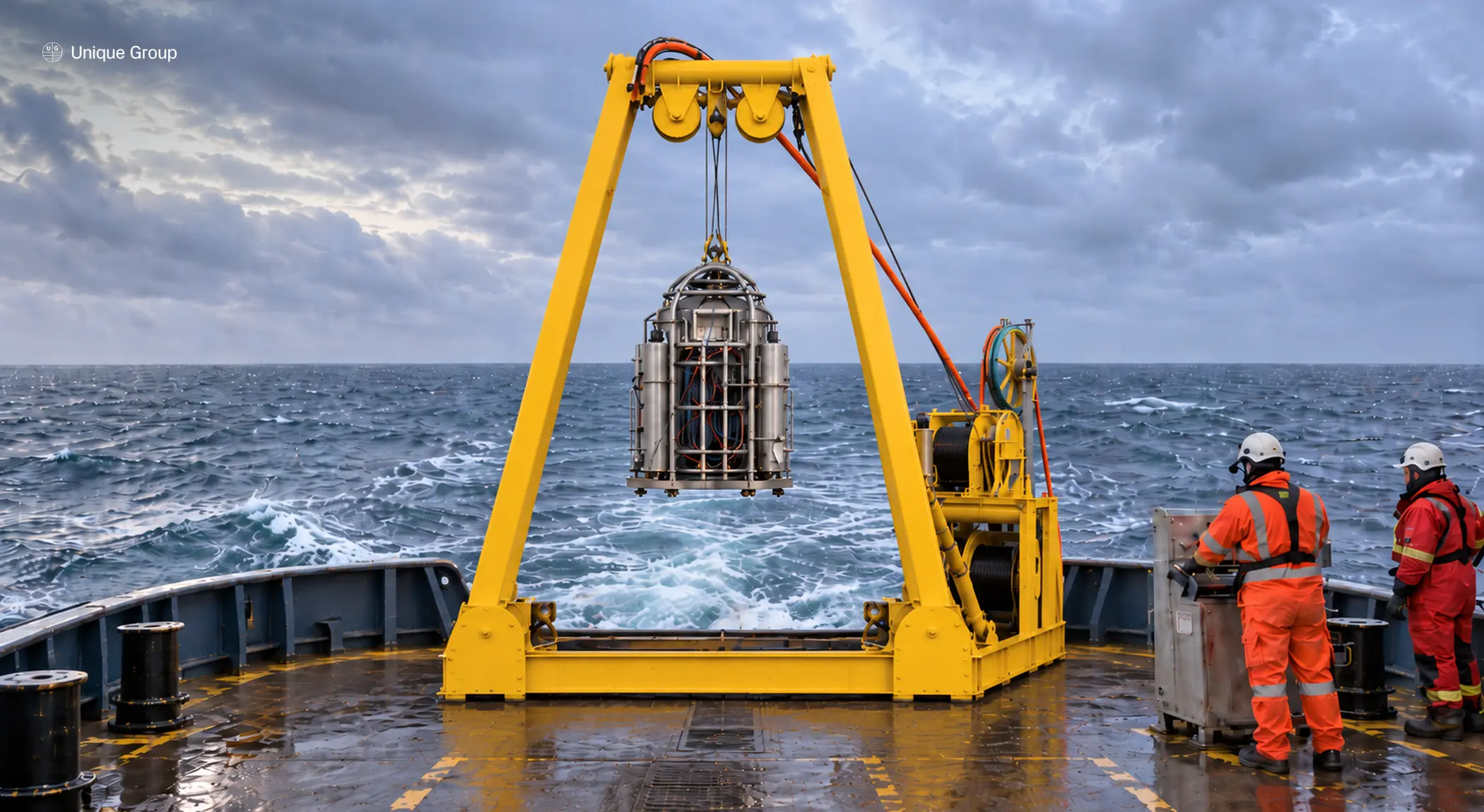 Diving bell suspended mid-launch from an A-frame diving bell handling system (DBHS) on an offshore support vessel