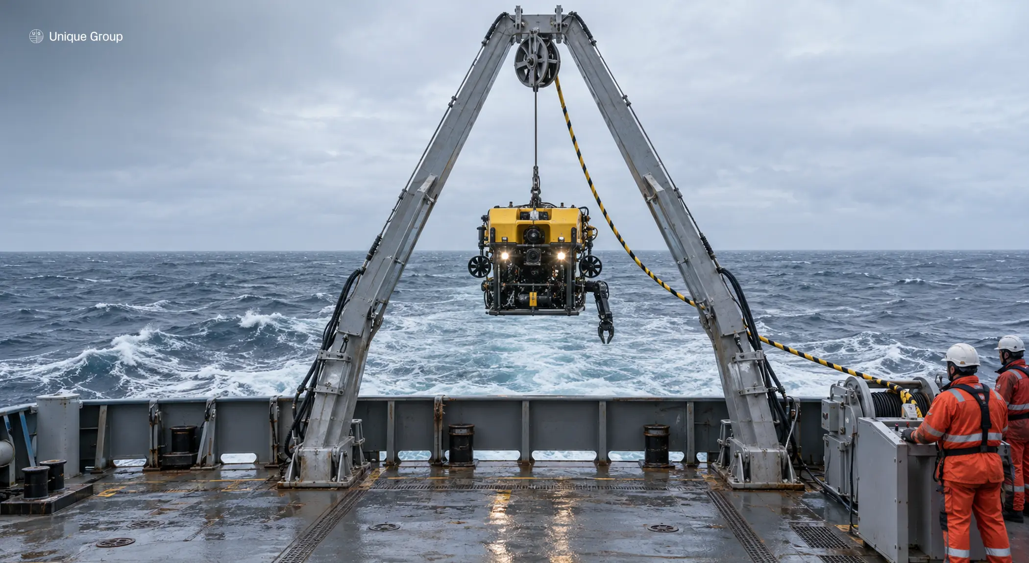ROV suspended mid-launch from a symmetric A-frame launch and recovery system (LARS) on an offshore vessel