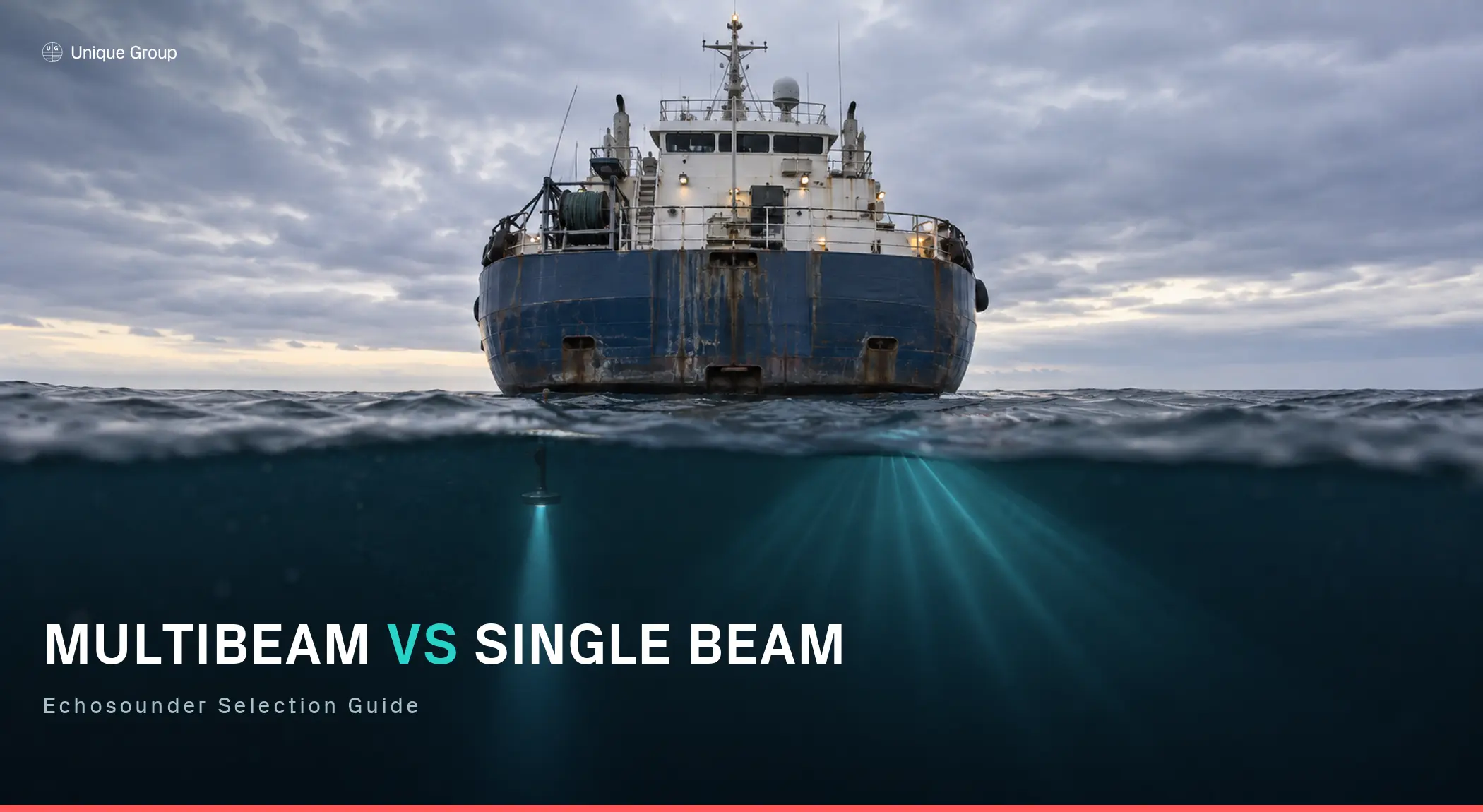Survey vessel deploying single beam and multibeam echosounder signals underwater, comparing narrow-beam and wide-swath sonar coverage