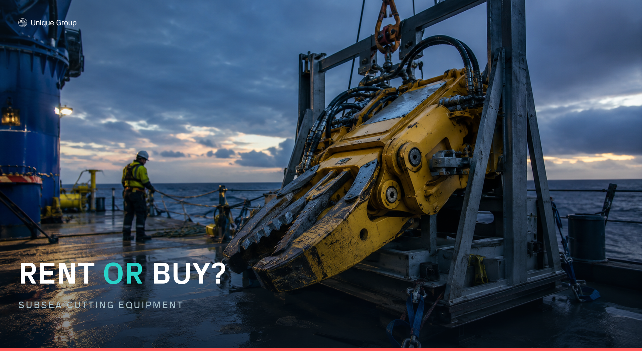 Subsea cutting equipment on an offshore vessel back deck at dusk, hydraulic cutting tool in a deployment frame with crew member on deck, rent or buy subsea cutting equipment