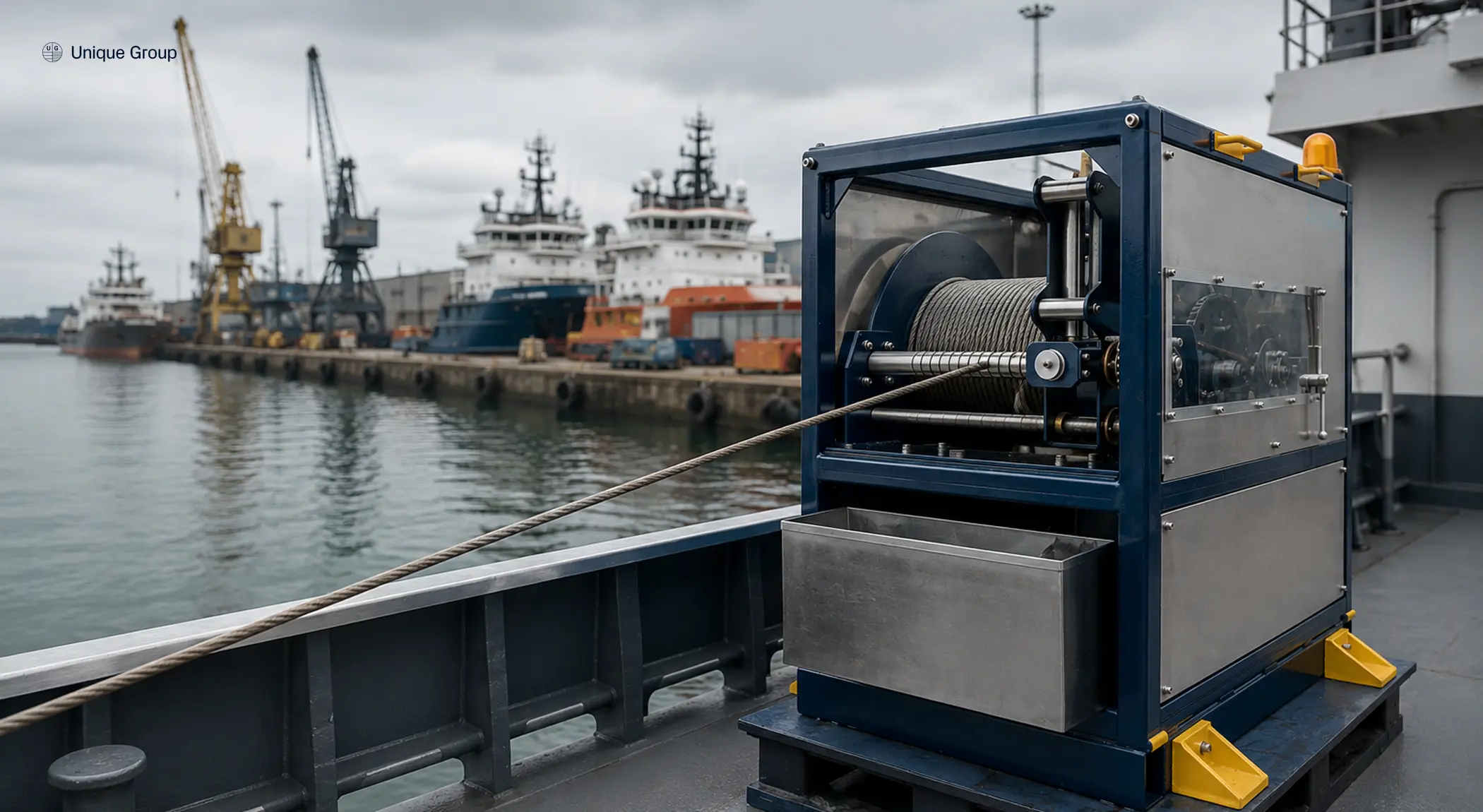 Compact electric winch deploying towed cable on a survey vessel deck