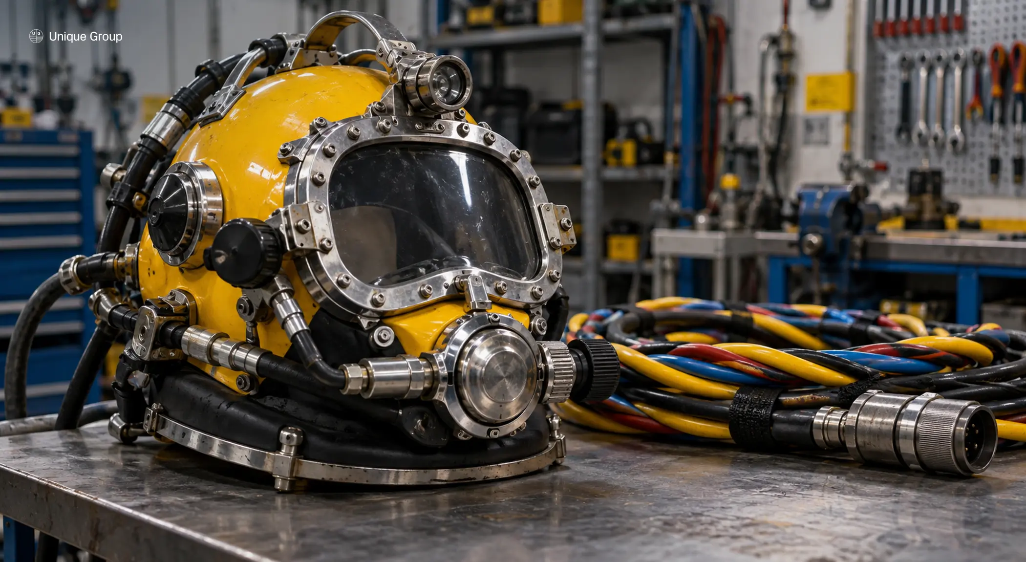 Commercial diving helmet and umbilical on a workbench — core components of a diving life support system