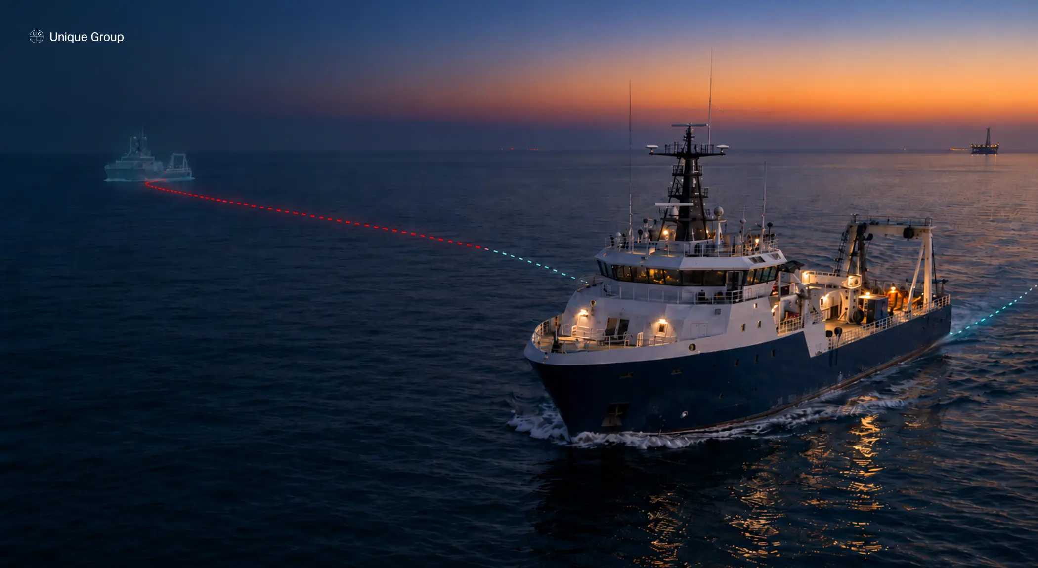 Offshore survey vessel with true and spoofed GNSS position tracks during subsea operations