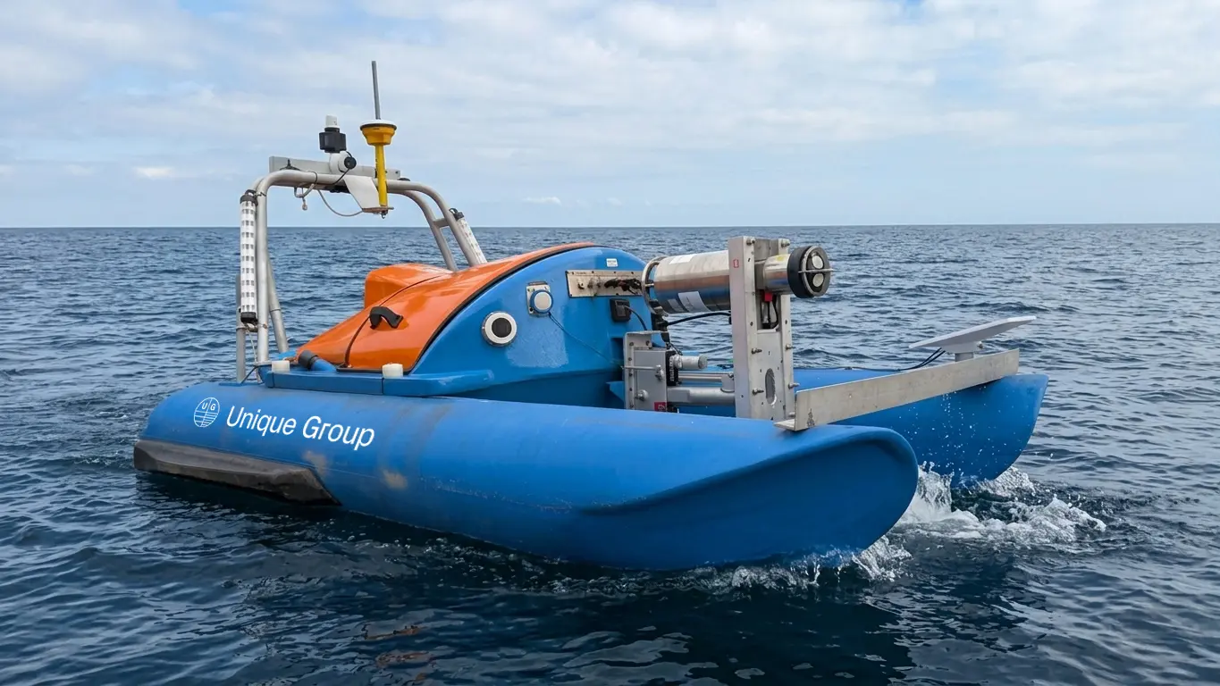 ROVINS/DVL system mounted on a Unique Group USV during an in-house calibration run