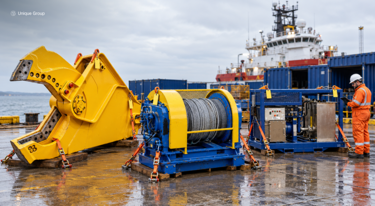 Hydraulic cutting shear, hydraulic winch and hydraulic power pack staged on a quayside with inspection tags, ready for rental mobilisation
