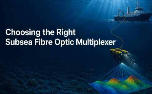 ROV scanning the seabed connected to an offshore vessel using a subsea fibre optic multiplexer system
