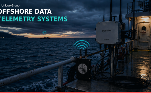 Unique Group Uni-Mesh XR mesh radio unit on a survey vessel deck at dusk, transmitting a long-range signal to a distant vessel, offshore data telemetry system comparison