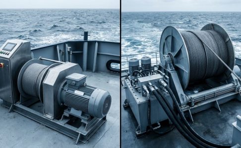 Electric winch and hydraulic winch on offshore vessel decks at sea