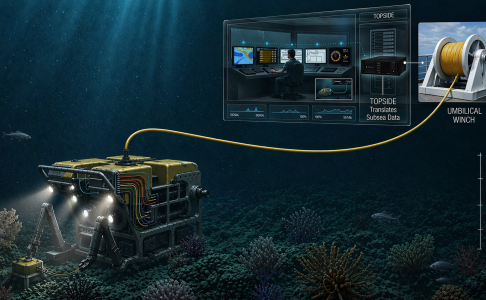 Fibre optic multiplexer (MUX) system transmitting subsea data from ROV to topside via single fibre optic cable