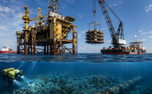 Offshore decommissioning operation showing platform removal, crane lifting topside, and ROV inspecting subsea infrastructure