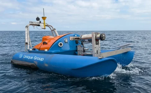 ROVINS/DVL system mounted on a Unique Group USV during an in-house calibration run